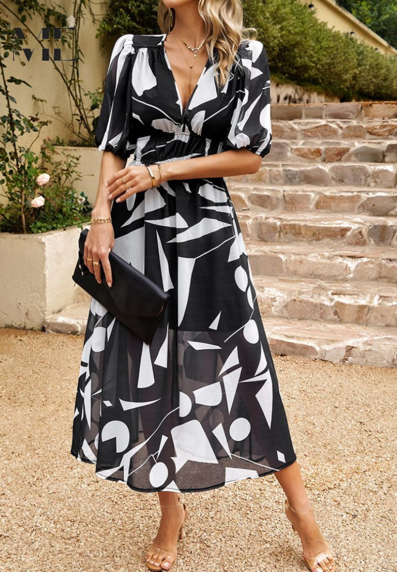 Women's Elegant Floral Midi Dress - Puff Sleeves Summer Outfit