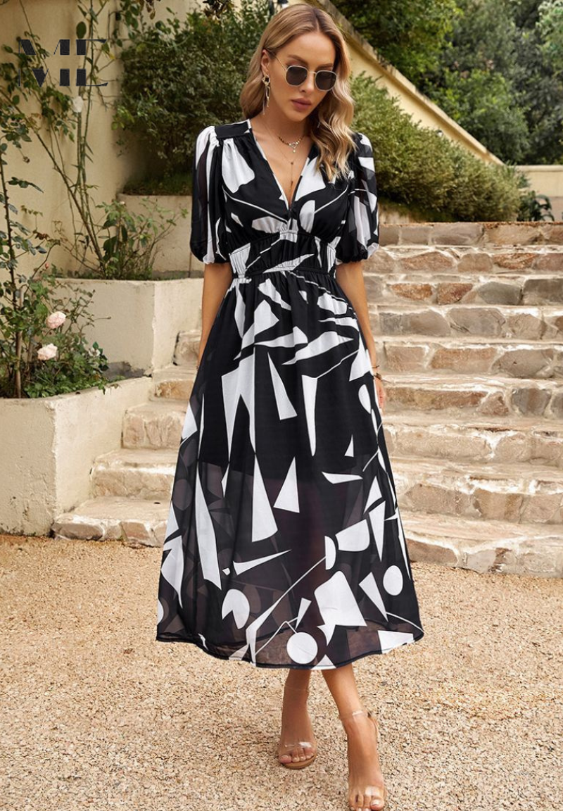 Women's Elegant Floral Midi Dress - Puff Sleeves Summer Outfit