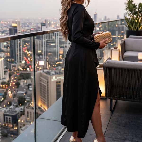 Women's Wrap Midi Dress - Long Sleeves Wedding Guest Dress