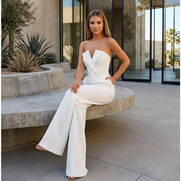 Women’s Wide Leg Jumpsuit – Strapless V-Neck One-Piece