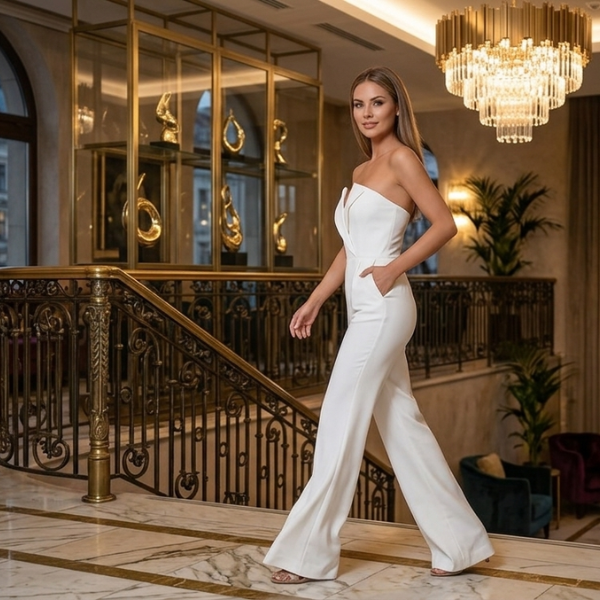 Women’s Wide Leg Jumpsuit – Strapless V-Neck One-Piece