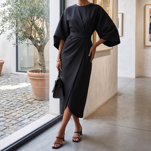 Women’s Formal Midi Dress – Long Lantern Sleeve Design