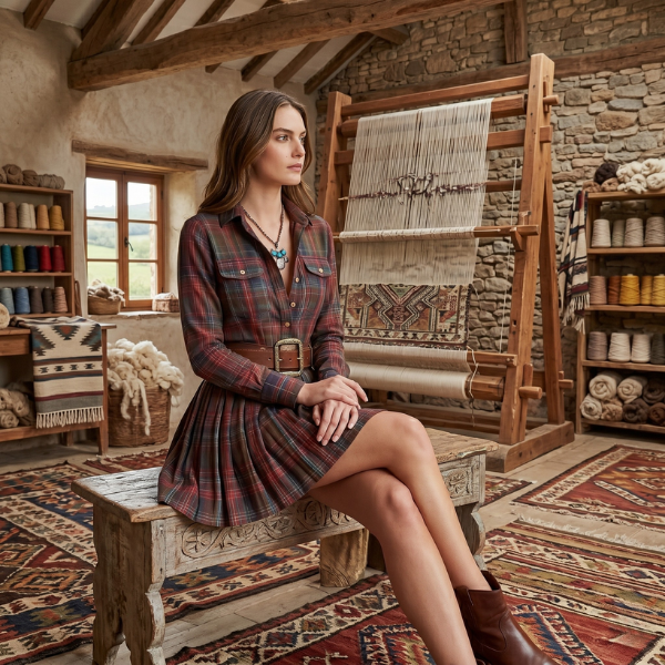 Women’s Country Plaid Shirt Dress – Cowgirl Mini Length Belted Casual Dress