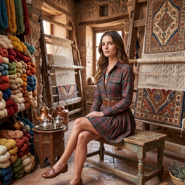 Women’s Country Plaid Shirt Dress – Cowgirl Mini Length Belted Casual Dress