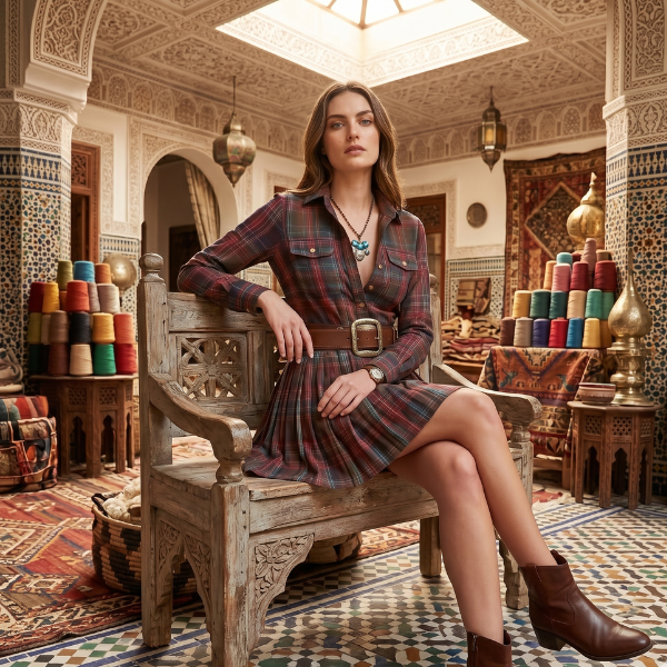 Women’s Country Plaid Shirt Dress – Cowgirl Mini Length Belted Casual Dress