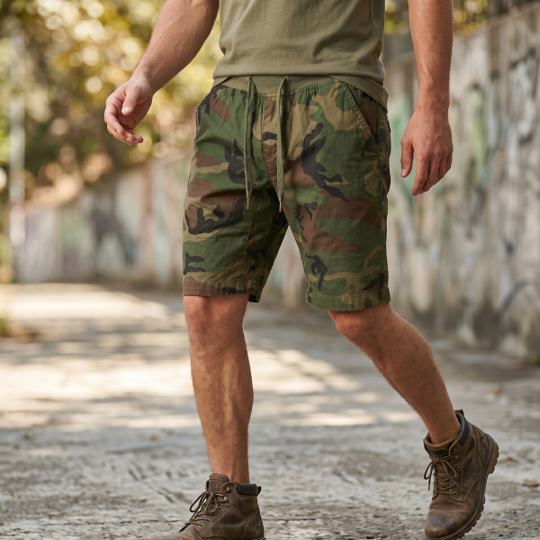 Men’s Camo Cargo Shorts – Knee-Length Adjustable Waist Utility Shorts