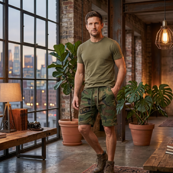 Men’s Camo Cargo Shorts – Knee-Length Adjustable Waist Utility Shorts