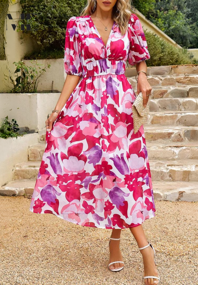 Women's Elegant Floral Midi Dress - Puff Sleeves Summer Outfit