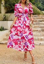 Women's Elegant Floral Midi Dress - Puff Sleeves Summer Outfit