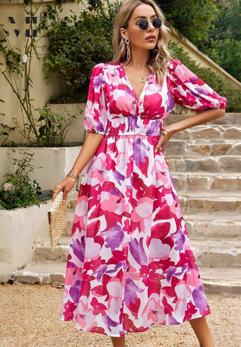 Women's Elegant Floral Midi Dress - Puff Sleeves Summer Outfit