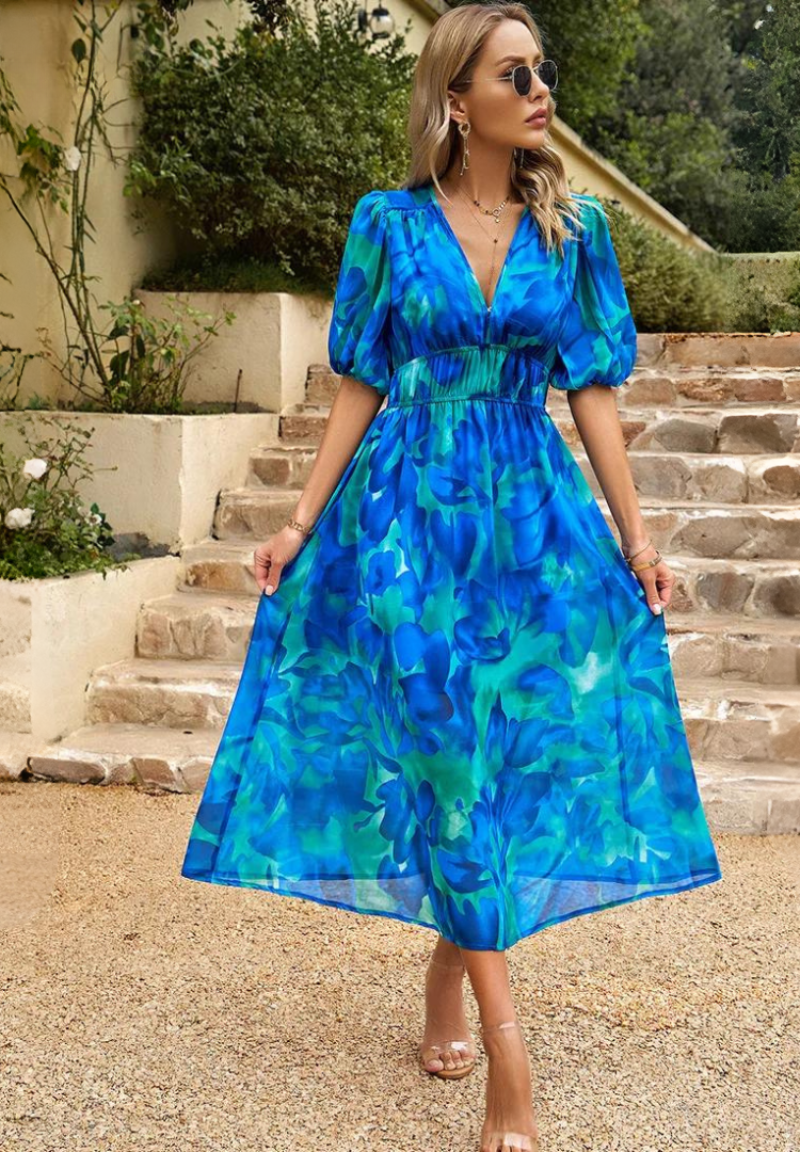 Women's Elegant Floral Midi Dress - Puff Sleeves Summer Outfit
