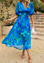 Women's Elegant Floral Midi Dress - Puff Sleeves Summer Outfit