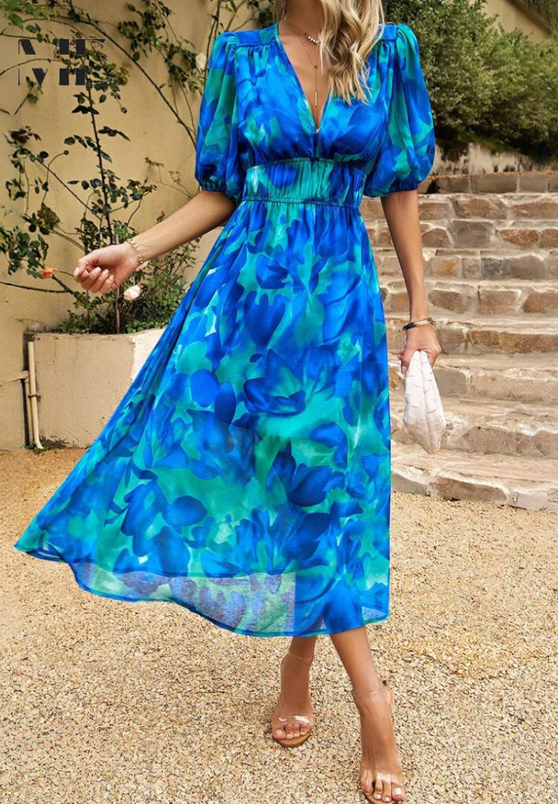Women's Elegant Floral Midi Dress - Puff Sleeves Summer Outfit
