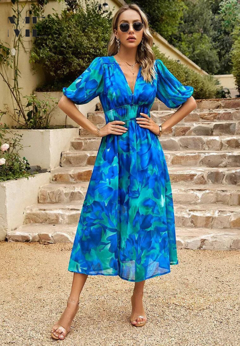 Women's Elegant Floral Midi Dress - Puff Sleeves Summer Outfit