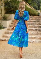 Women's Elegant Floral Midi Dress - Puff Sleeves Summer Outfit