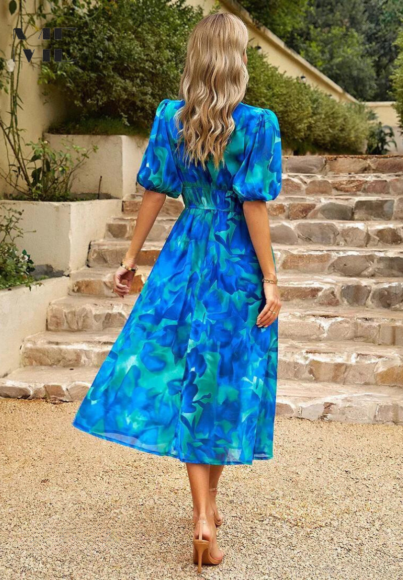 Women's Elegant Floral Midi Dress - Puff Sleeves Summer Outfit