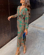 Women’s A-Line Maxi Dress - Long Sleeve V-Neck Twisted Front Dress