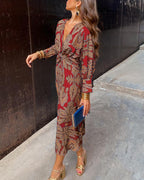 Women’s A-Line Maxi Dress - Long Sleeve V-Neck Twisted Front Dress