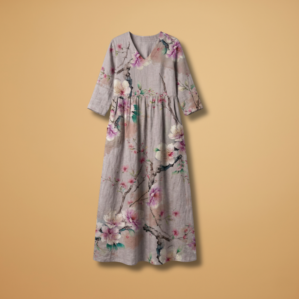 Women's V-Neck Summer Dress - Floral Pattern Full Sleeve Maxi style