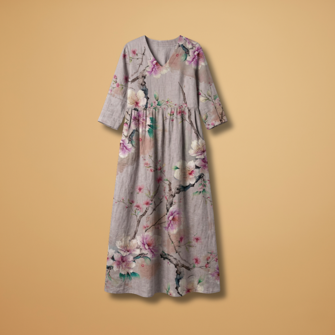 Women's V-Neck Summer Dress - Floral Pattern Full Sleeve Maxi style