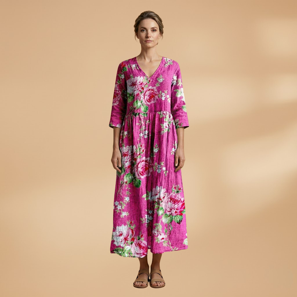 Women's V-Neck Summer Dress - Floral Pattern Full Sleeve Maxi style
