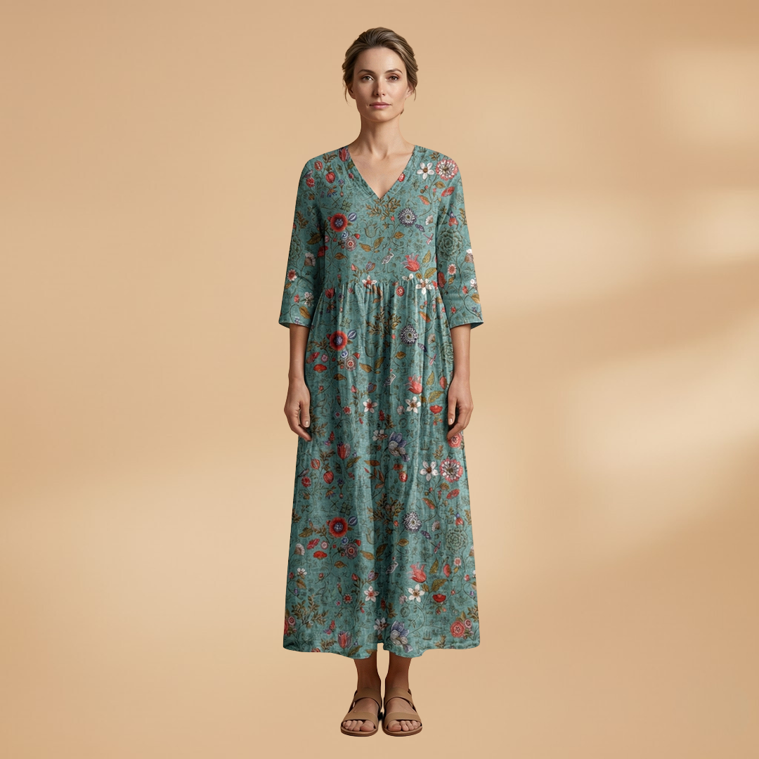 Women's V-Neck Summer Dress - Floral Pattern Full Sleeve Maxi style