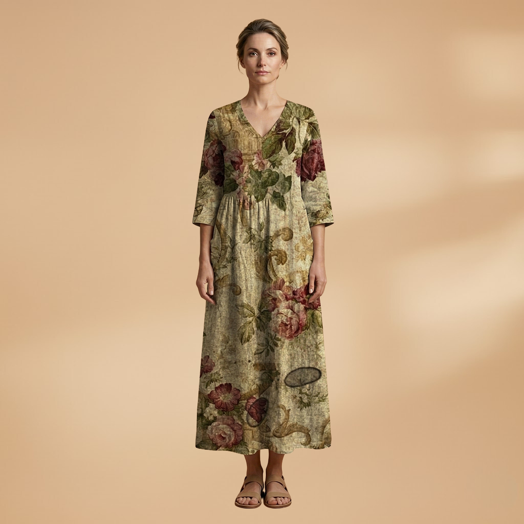 Women's V-Neck Summer Dress - Floral Pattern Full Sleeve Maxi style