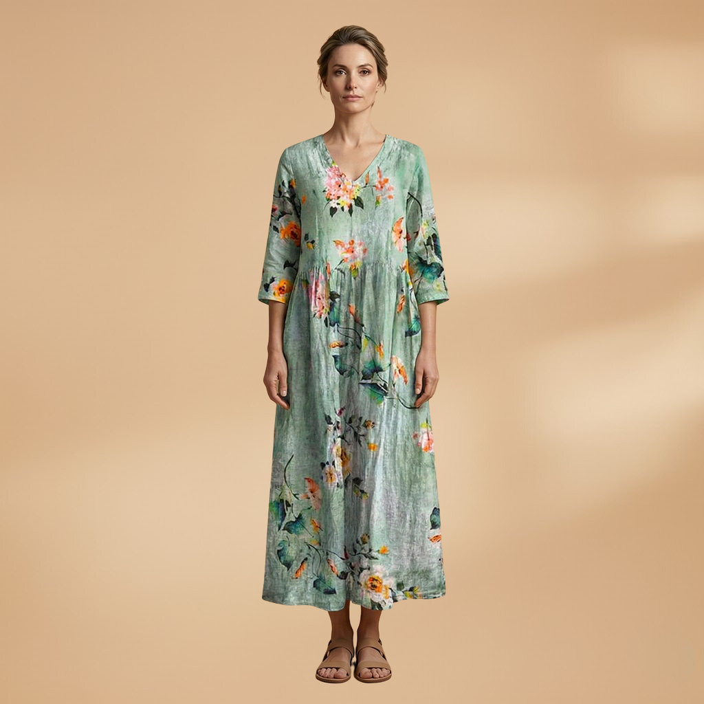 Women's V-Neck Summer Dress - Floral Pattern Full Sleeve Maxi style