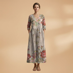 Women's V-Neck Summer Dress - Floral Pattern Full Sleeve Maxi style