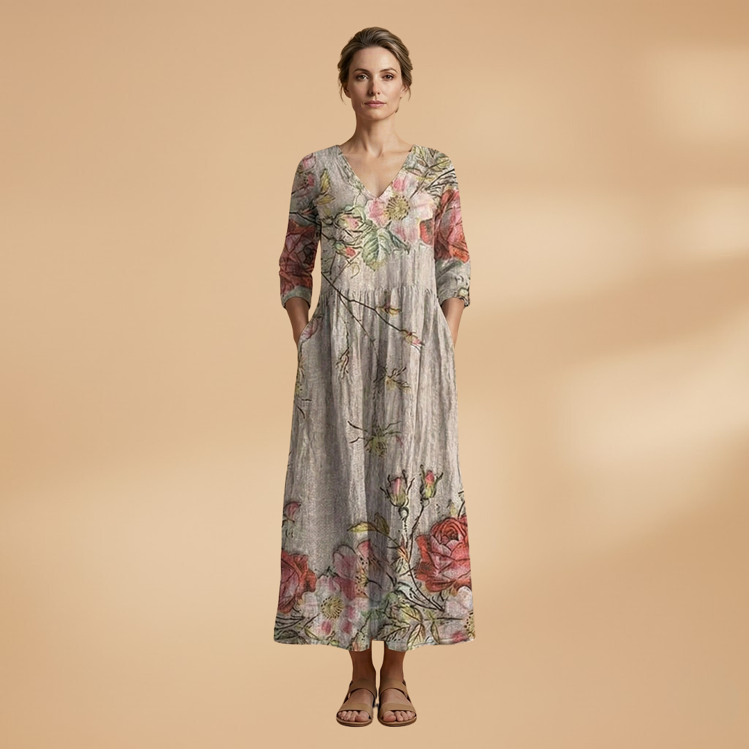 Women's V-Neck Summer Dress - Floral Pattern Full Sleeve Maxi style