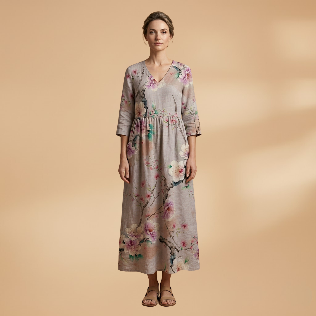Women's V-Neck Summer Dress - Floral Pattern Full Sleeve Maxi style
