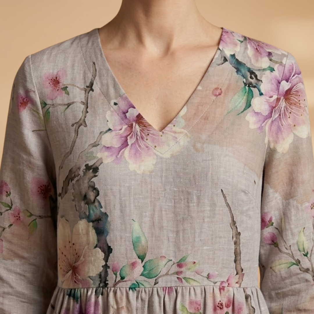 Women's V-Neck Summer Dress - Floral Pattern Full Sleeve Maxi style