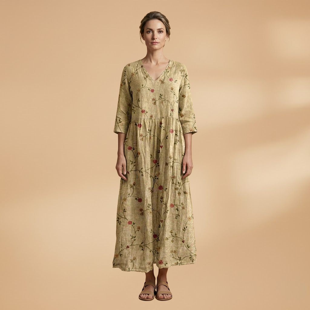 Women's V-Neck Summer Dress - Floral Pattern Full Sleeve Maxi style