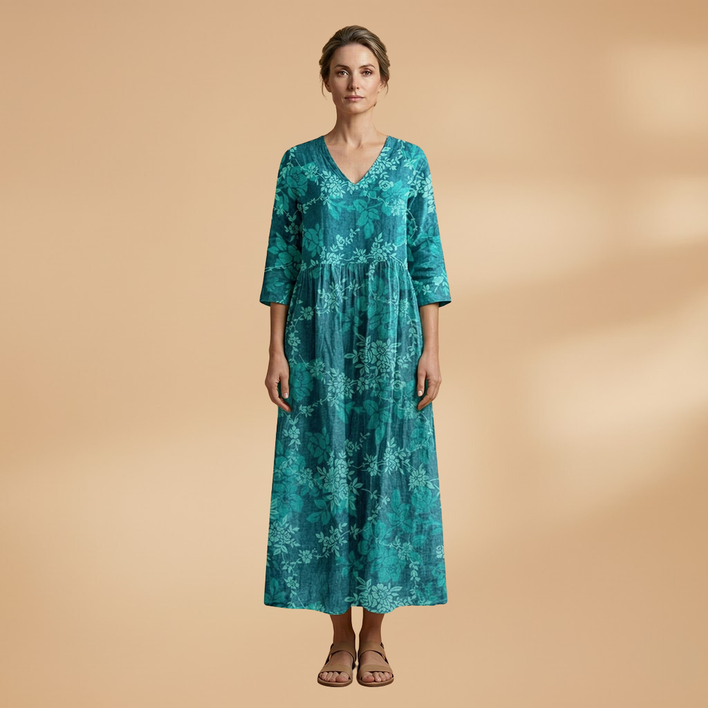 Women's V-Neck Summer Dress - Floral Pattern Full Sleeve Maxi style
