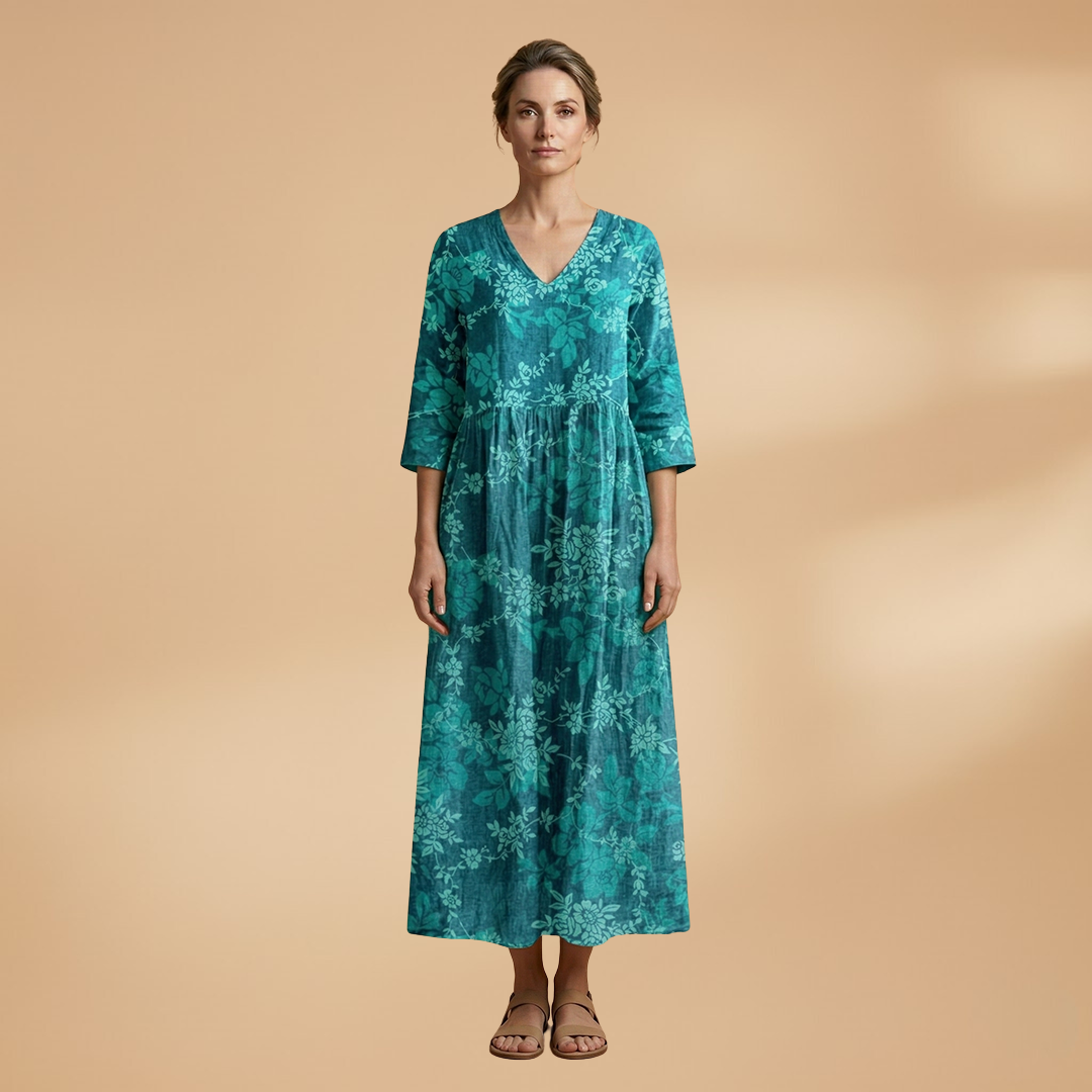 Women's V-Neck Summer Dress - Floral Pattern Full Sleeve Maxi style