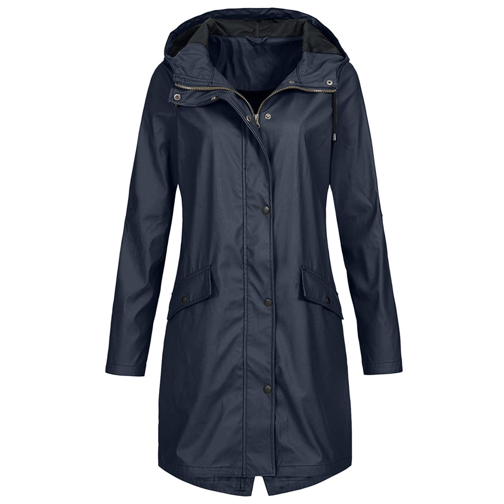 Women’s Waterproof Rain Jacket with Wind Protection, Long Parka with Front Pockets