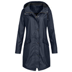 Women’s Waterproof Rain Jacket with Wind Protection, Long Parka with Front Pockets