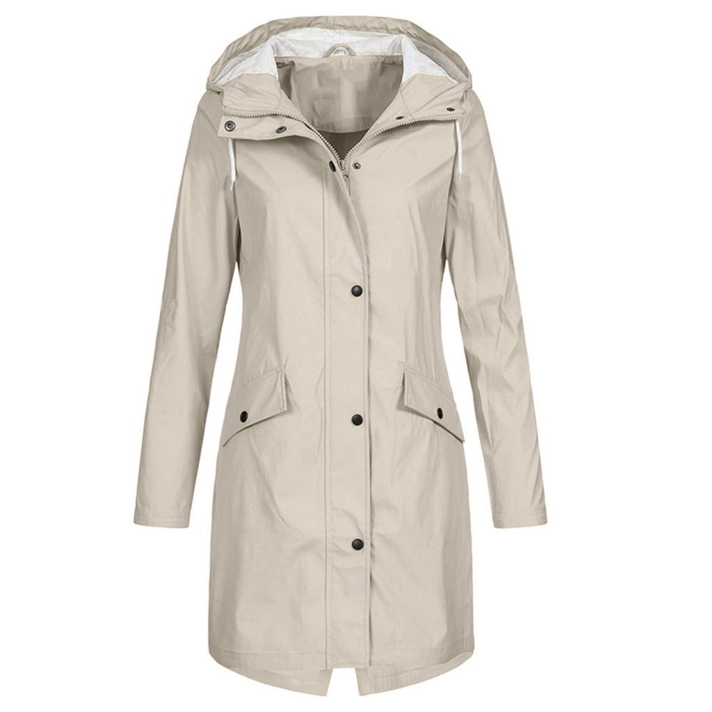 Women’s Waterproof Rain Jacket with Wind Protection, Long Parka with Front Pockets