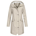 Women’s Waterproof Rain Jacket with Wind Protection, Long Parka with Front Pockets