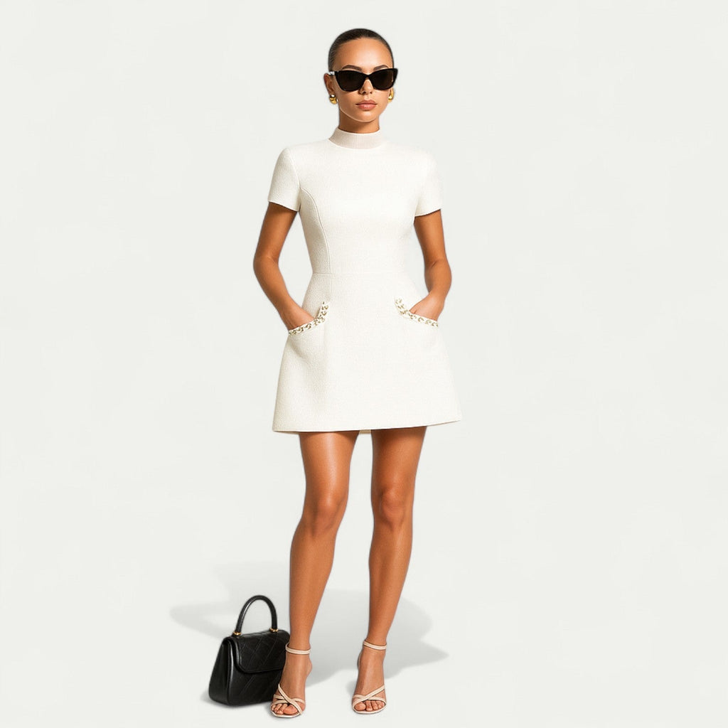 Jessi| Pocket Detailing Mini Dress with Pearl Trim for Women