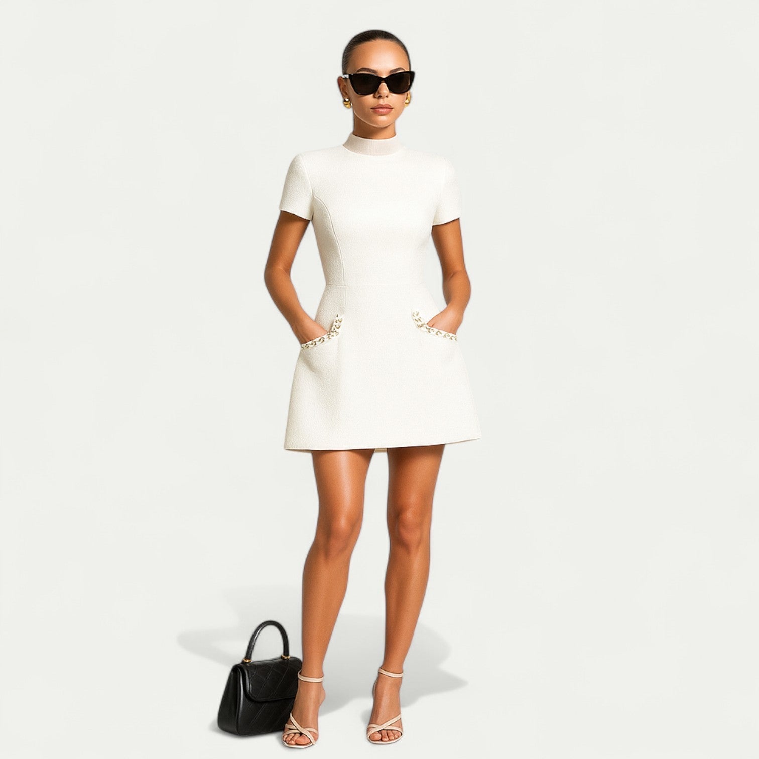Jessi| Pocket Detailing Mini Dress with Pearl Trim for Women