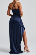 Women’s Evening Maxi Dress – Satin Ruched Waist High Slit Outfit