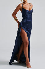 Women’s Evening Maxi Dress – Satin Ruched Waist High Slit Outfit