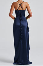 Women’s Evening Maxi Dress – Satin Ruched Waist High Slit Outfit