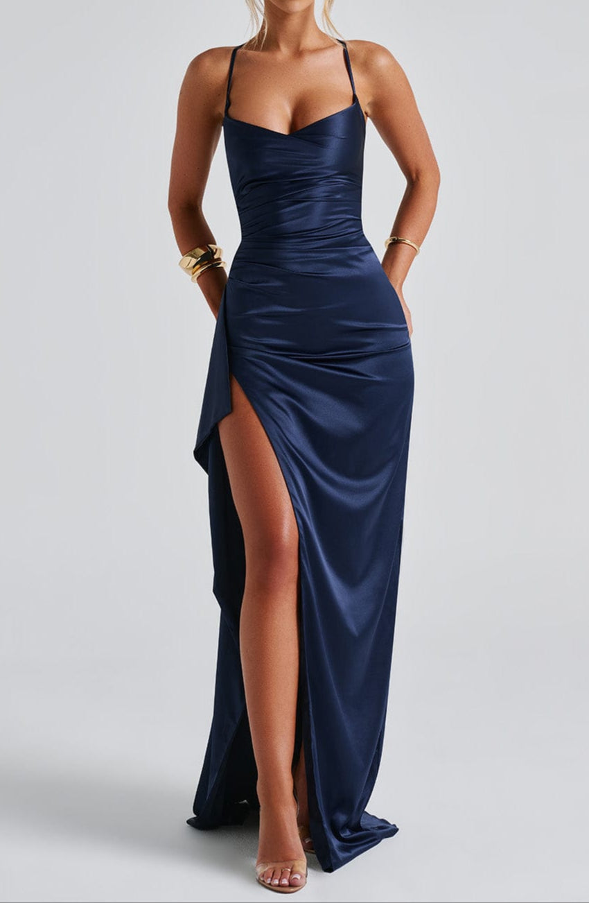 Women’s Evening Maxi Dress – Satin Ruched Waist High Slit Outfit