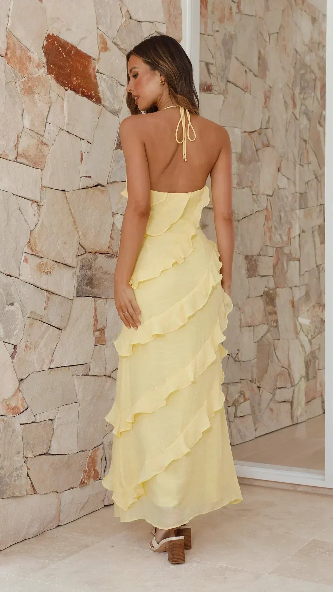 Women’s Ruffle Maxi Dress – Halter Neck Tiered Layers Wedding Guest Outfit