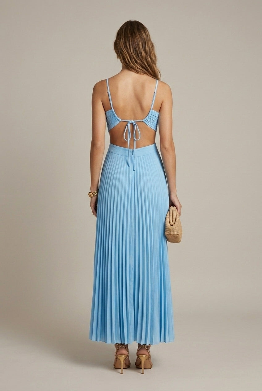 Women's Halter Neck Maxi Dress - Flowy Pleated Wedding Guest Cut-Out Tie Back
