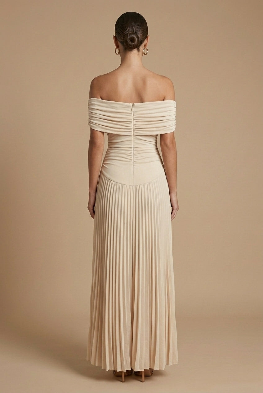 Women's Off Shoulder Maxi Dress - Pleated Stylish Wedding Guest Style