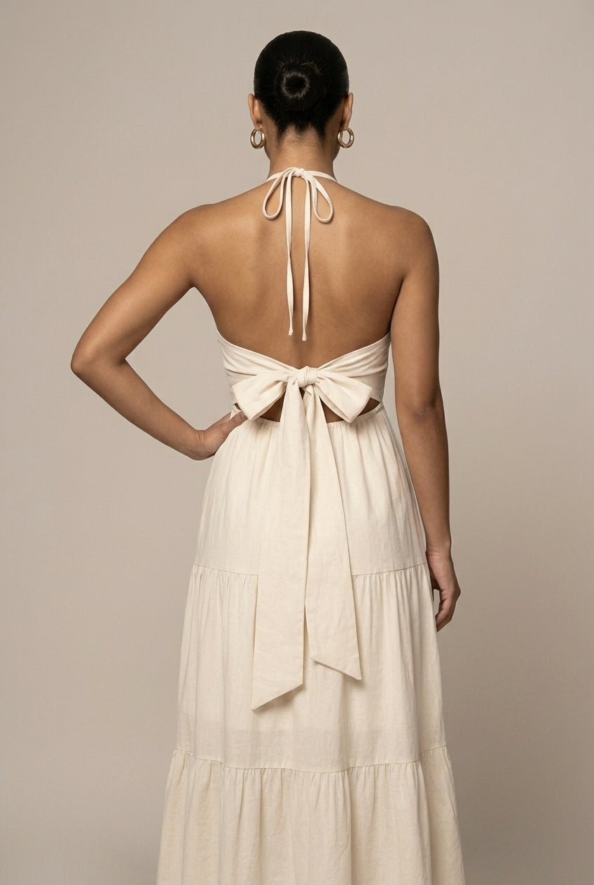 Women's Halter Neck Maxi Dress - Flowy Tiered Ruffle Open Back