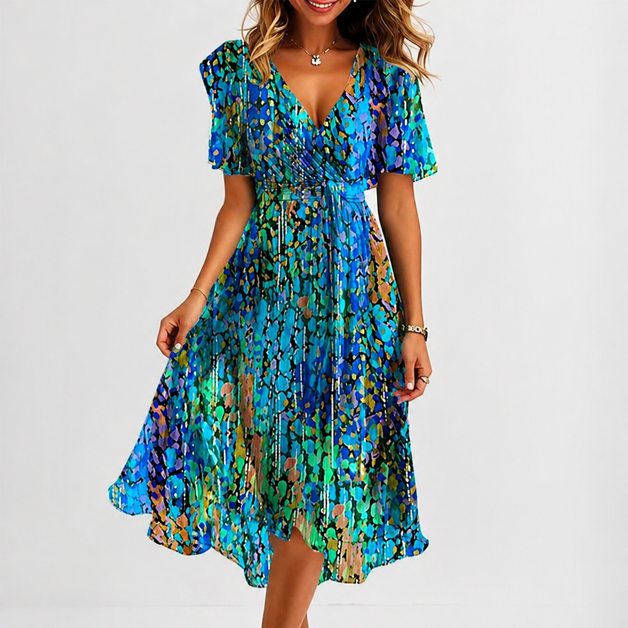 Women's V-Neck Wrap Midi Dress - Short Sleeve Summer Dress